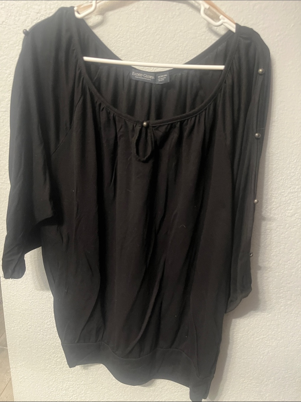 Faded Glory Black Scoop Neck Tunic with Pearl Button Sleeve Detail